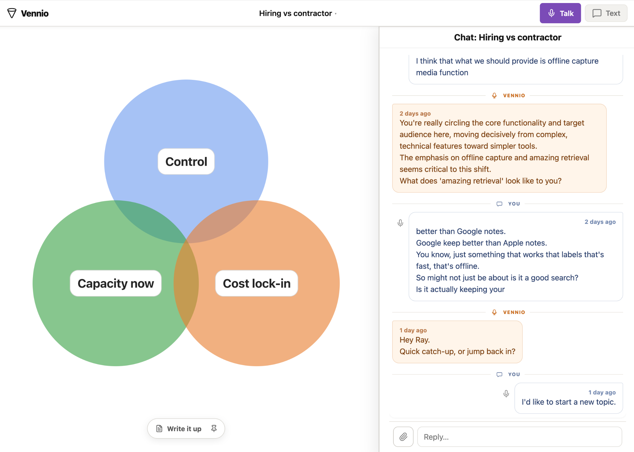 Vennio tension map for Hiring vs contractor, with chat alongside